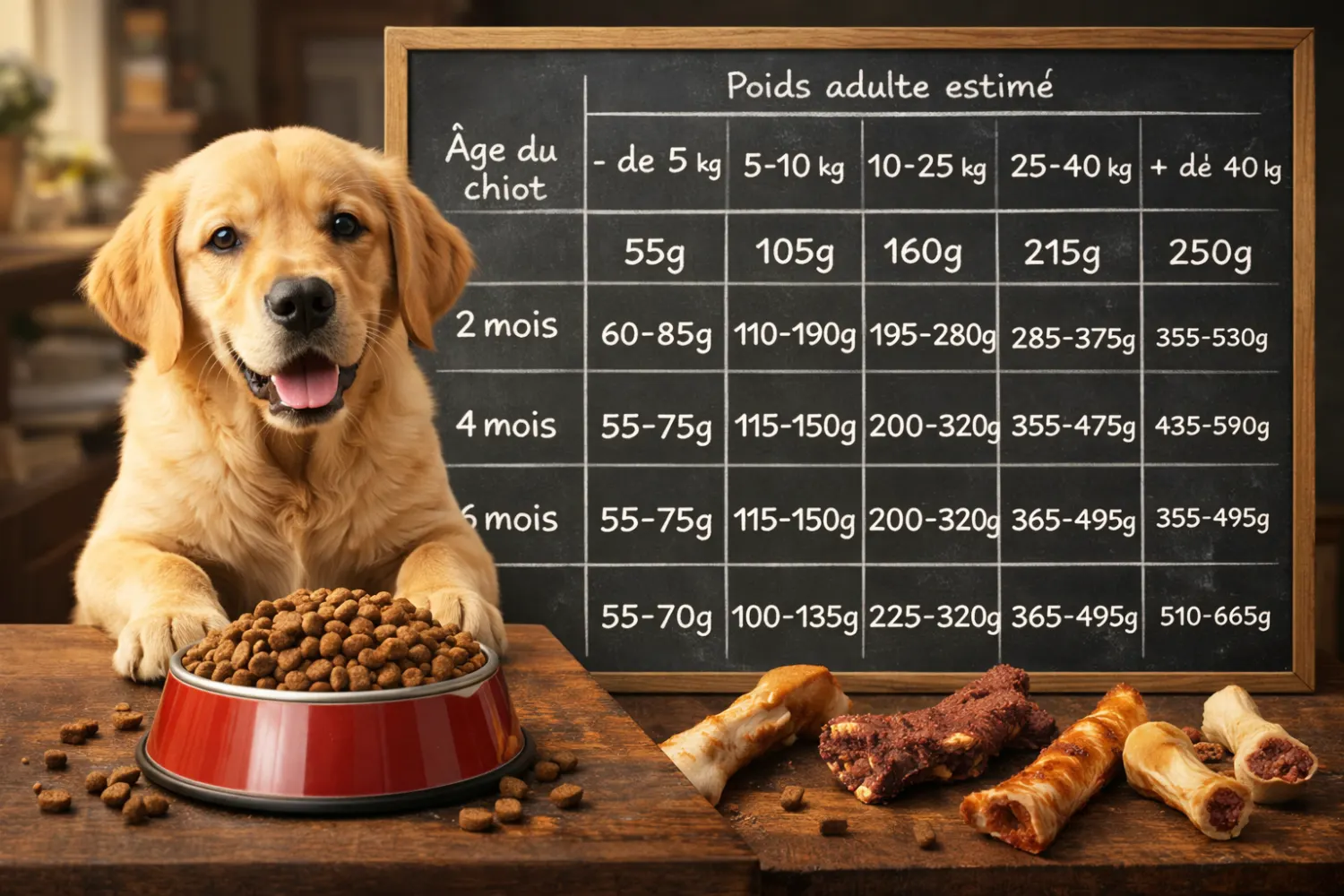 Combien de croquettes donner à un chiot ? Le tableau complet par âge et par poids