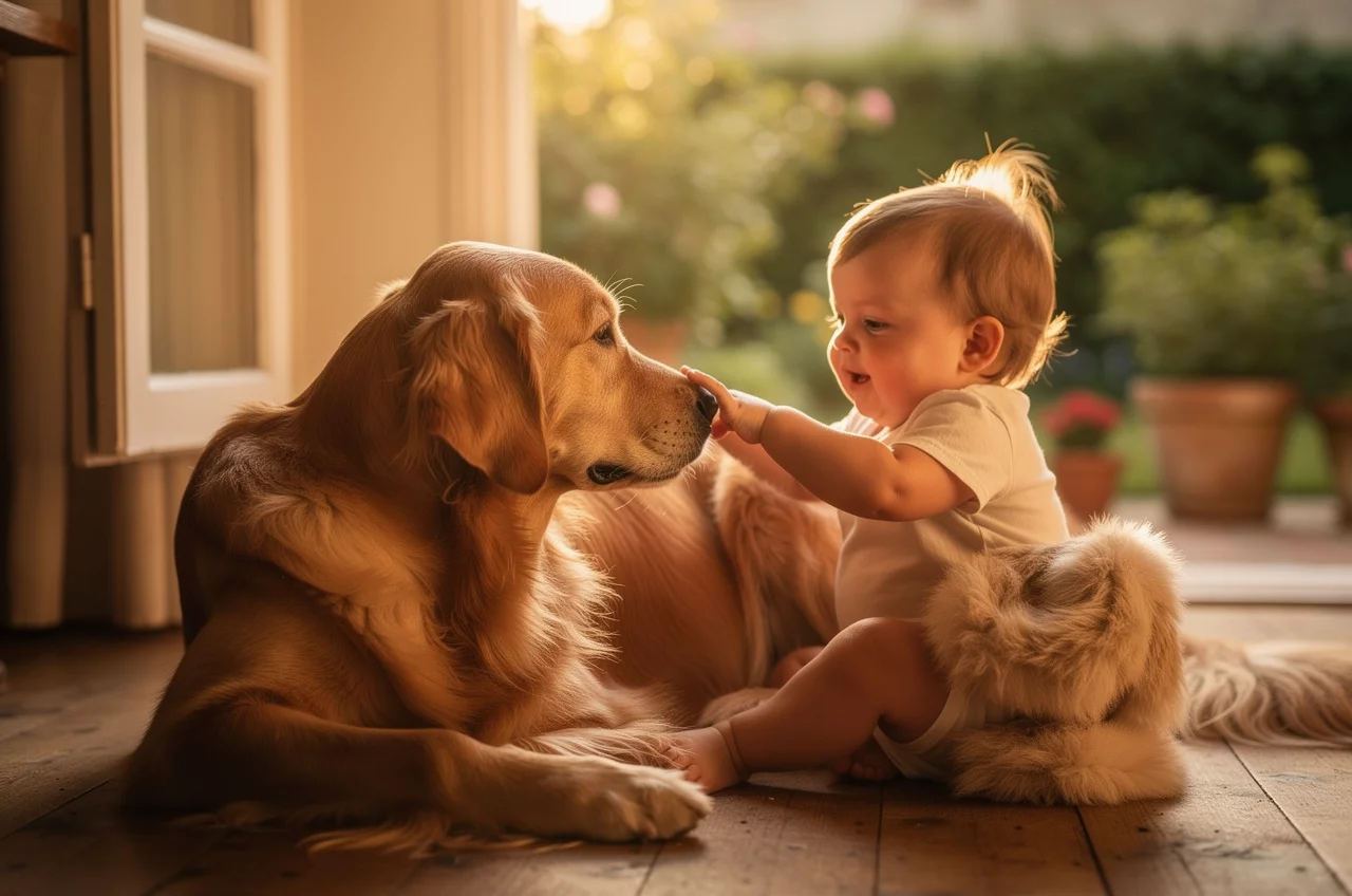 Le Golden Retriever avec des enfants — chien photo lifestyle authentique