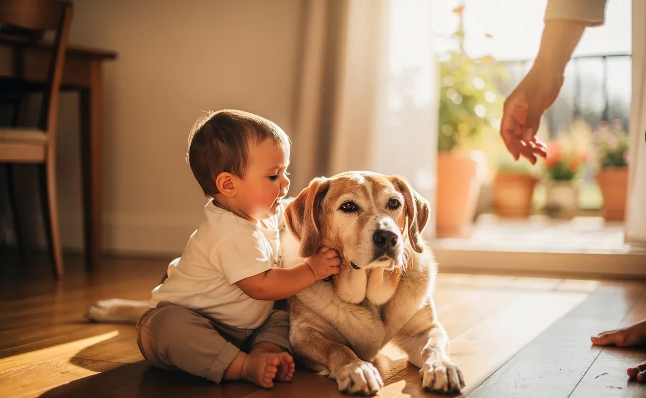 Le Berger Australien avec des enfants — animal de compagnie photo lifestyle authentique