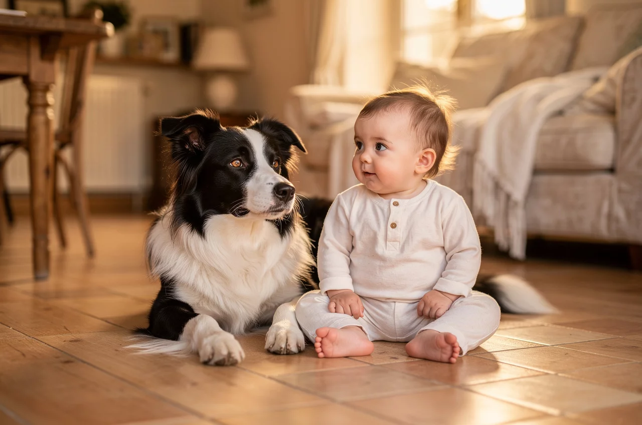 Le Border Collie avec des enfants — animal de compagnie photo lifestyle authentique