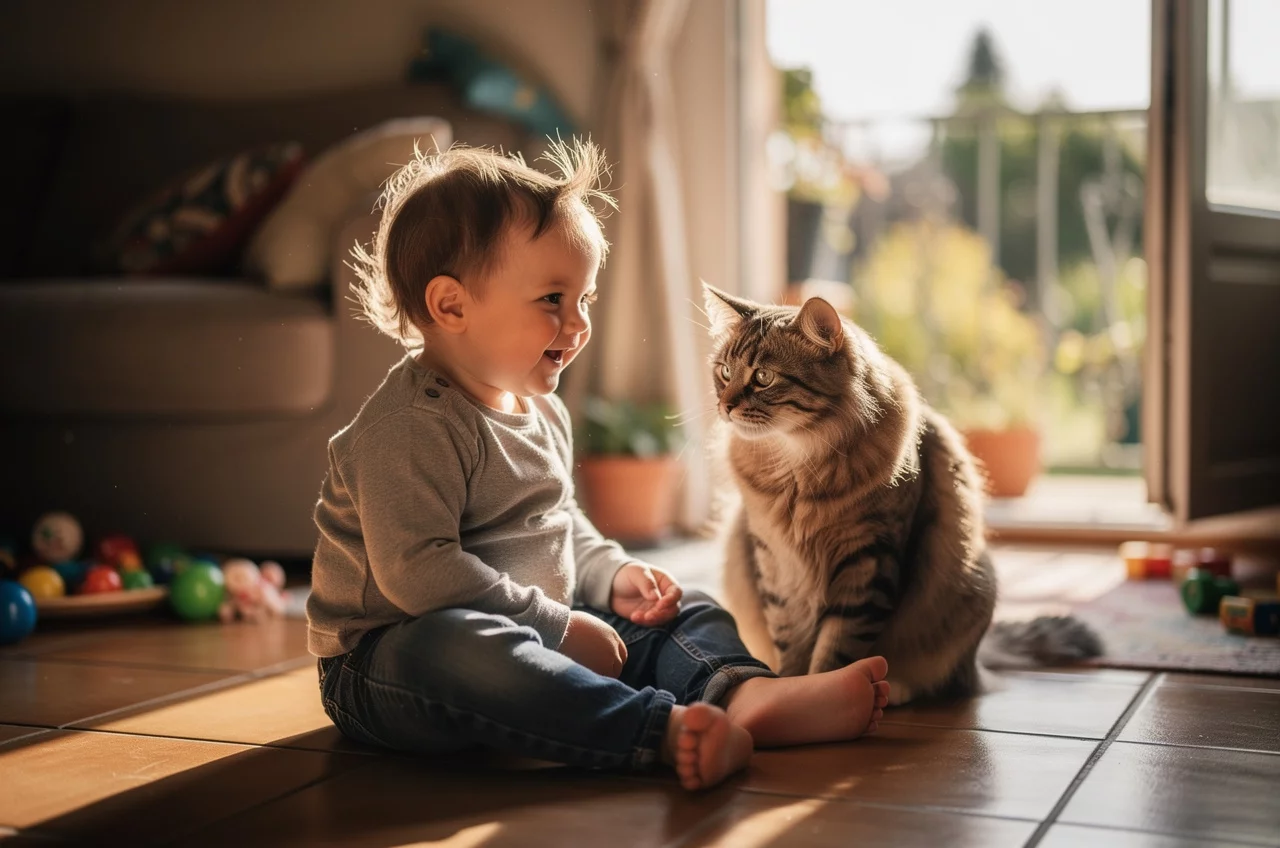 Chat et bébé : cohabitation sereine — chat photo lifestyle authentique