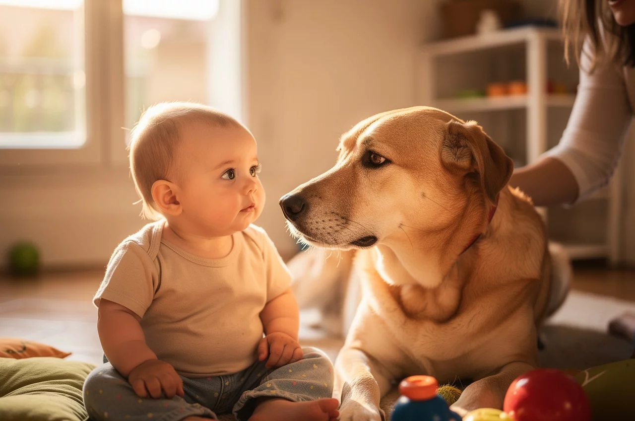 Le Dobermann avec des enfants : — animal de compagnie photo lifestyle authentique