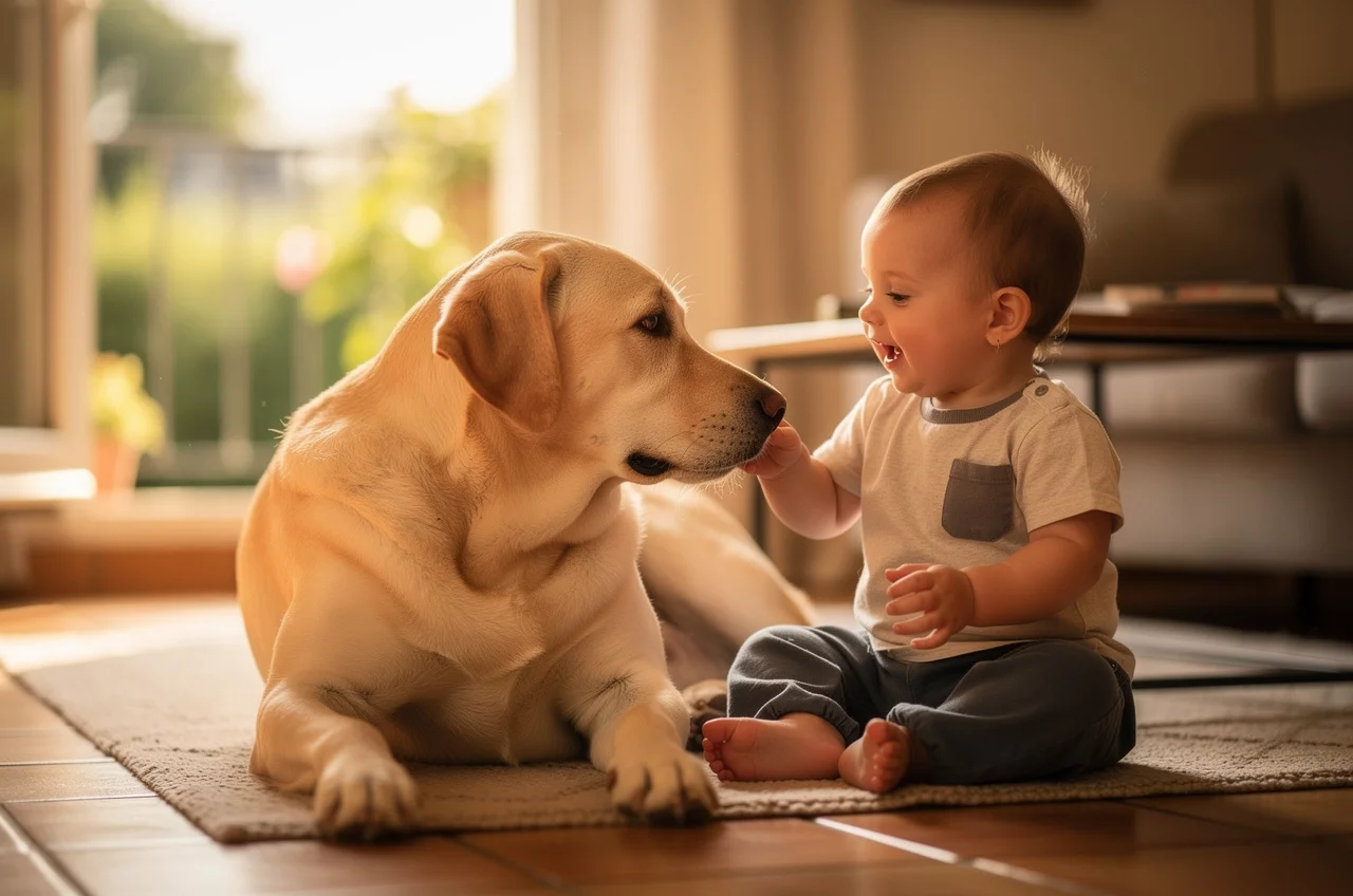 Le Labrador Retriever avec des enfants — chien photo lifestyle authentique