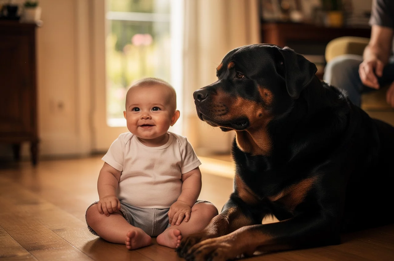 Le Rottweiler avec des enfants : — animal de compagnie photo lifestyle authentique