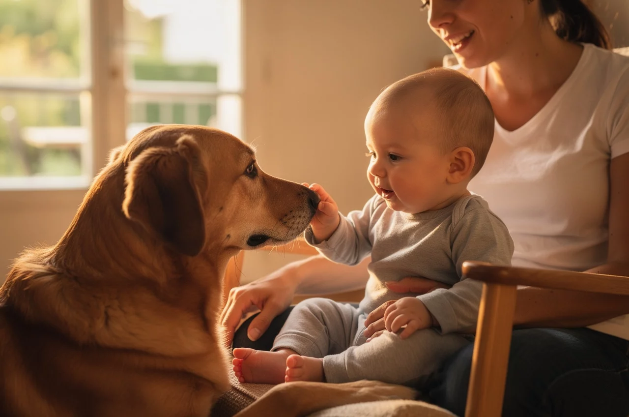Le Bichon Frisé avec des enfants — animal de compagnie photo lifestyle authentique