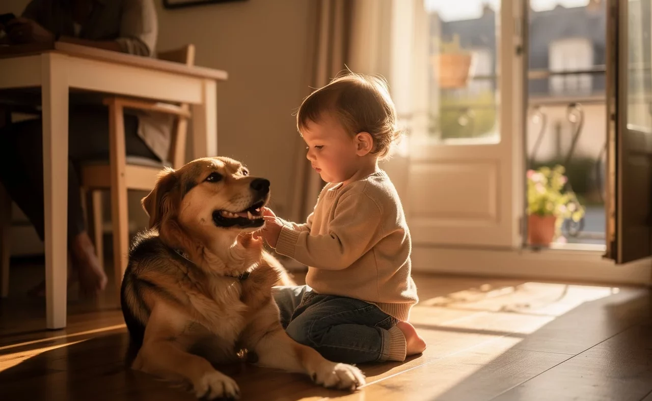 Le Cane Corso avec des enfants — animal de compagnie photo lifestyle authentique