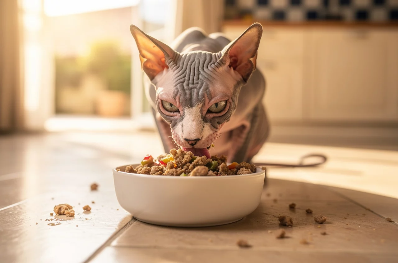 Alimentation du Sphynx : besoins spécifiques — animal de compagnie photo lifestyle authentique