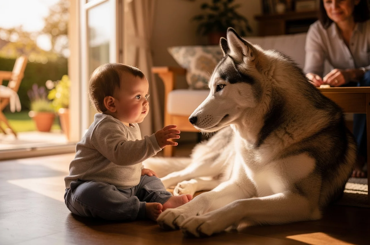 Le Husky Sibérien avec des enfants — animal de compagnie photo lifestyle authentique